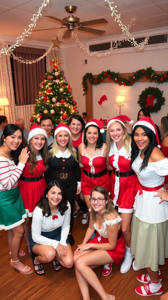 Guests at a Christmas dress up party in festive costumes, surrounded by holiday decorations and a Christmas tree.